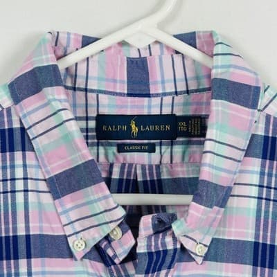 Ralph Lauren Oxford Shirt Mens 2XL Blue Plaid Button Down Long Sleeve Flesh Pony - Thumbnail 6