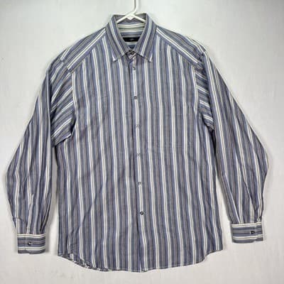 Zegna Sport Shirt Mens Medium Blue Brown Striped Button Up Long Sleeve Cotton - Thumbnail 2