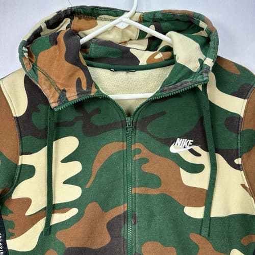 NIKE Sportswear Camo Hoodie Mens Small Green Brown Full Zip AV5940-341 - Thumbnail 6
