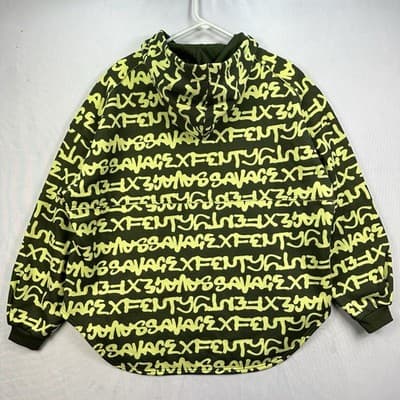 Savage X Fenty Graffiti Logo Hoodie Olive Green Neon Yellow XXS Oversized - Thumbnail 2