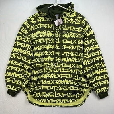 Savage X Fenty Graffiti Logo Hoodie Olive Green Neon Yellow XXS Oversized - Thumbnail 3