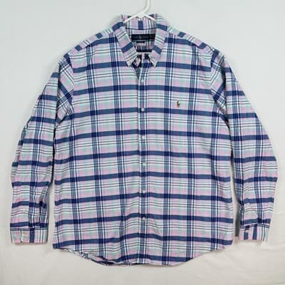 Ralph Lauren Oxford Shirt Mens 2XL Blue Plaid Button Down Long Sleeve Flesh Pony - Thumbnail 2