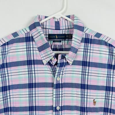 Ralph Lauren Oxford Shirt Mens 2XL Blue Plaid Button Down Long Sleeve Flesh Pony - Thumbnail 4