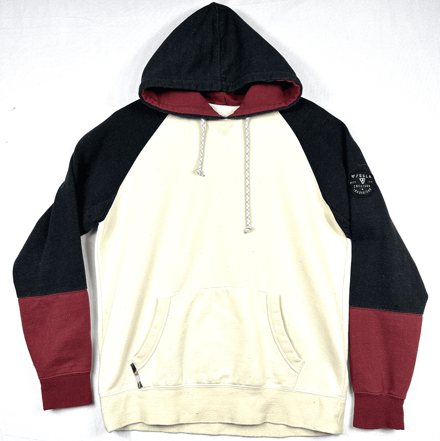 VISSLA Pullover Hoodie Mens Small Red Black White Colorblock Pouch Surf Sunset - Image 1