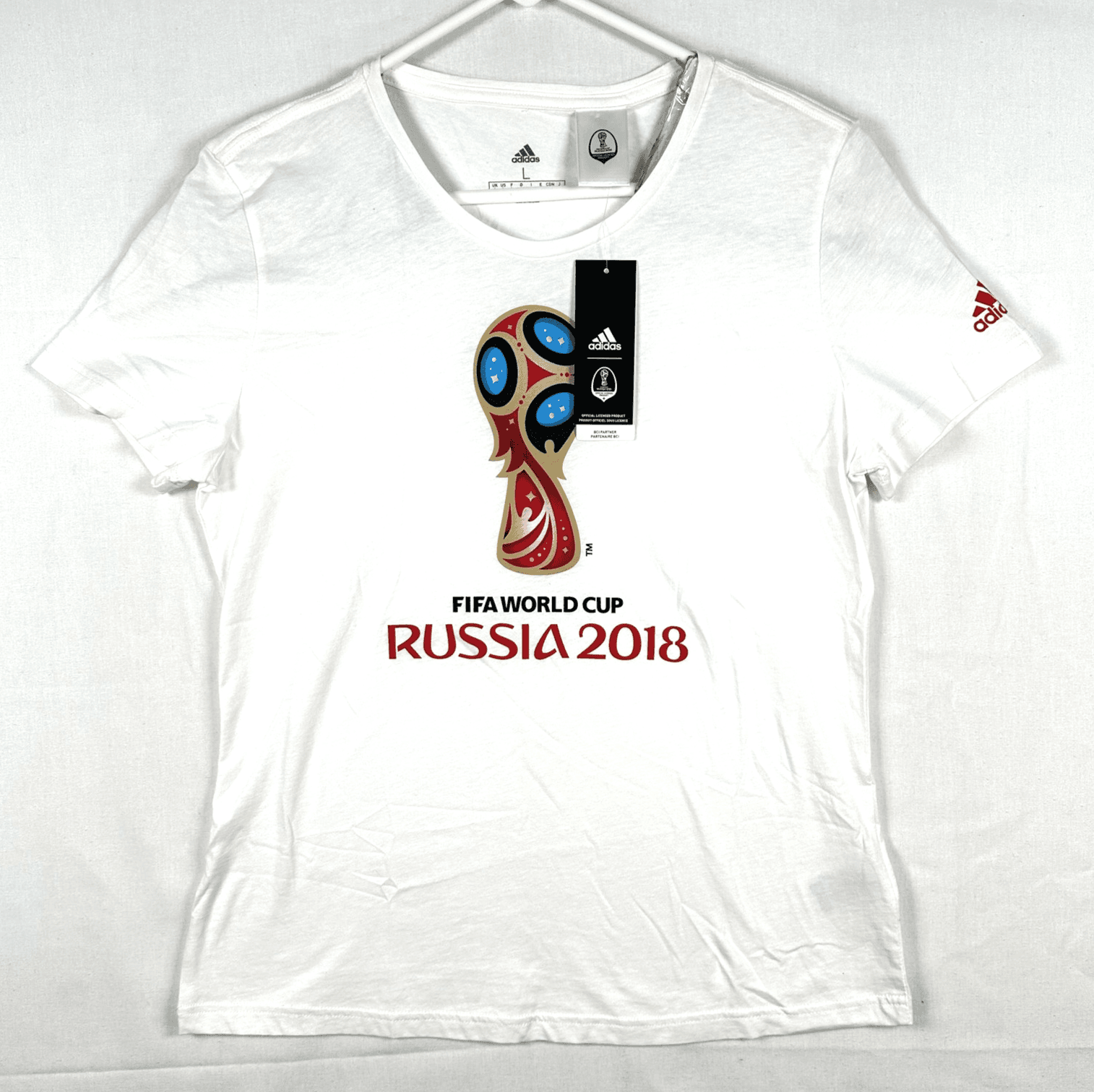 FIFA World Cup Russia 2018 Shirt Womens Large White Soccer Adidas Emblem Tee NEW - Image 1