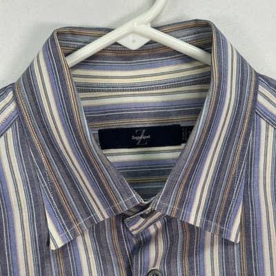 Zegna Sport Shirt Mens Medium Blue Brown Striped Button Up Long Sleeve Cotton - Thumbnail 4