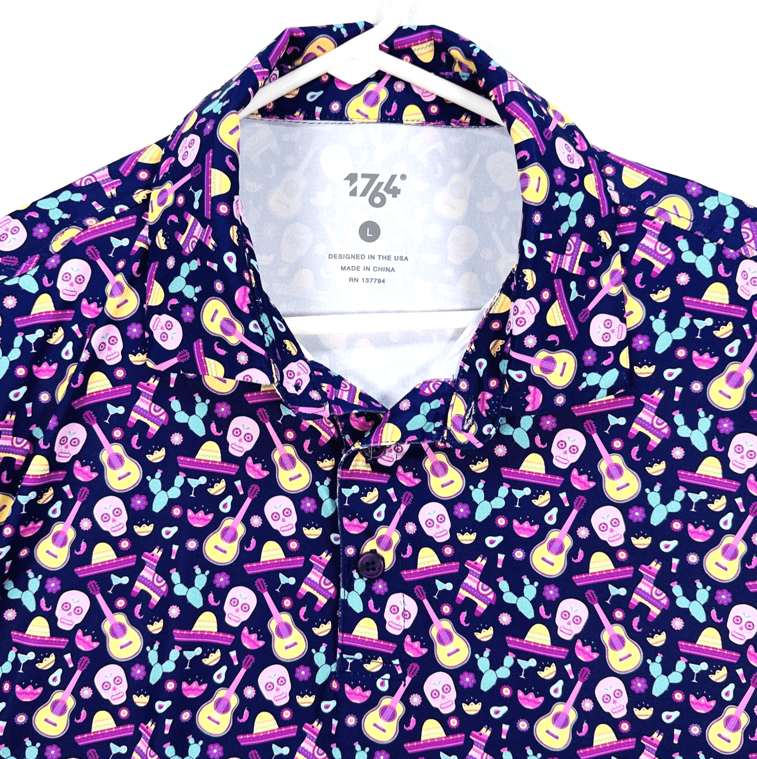 1764 Golf Polo Shirt Mens Large Multicolor Mexican Stretch Sugar Skull Fiesta - Image 1