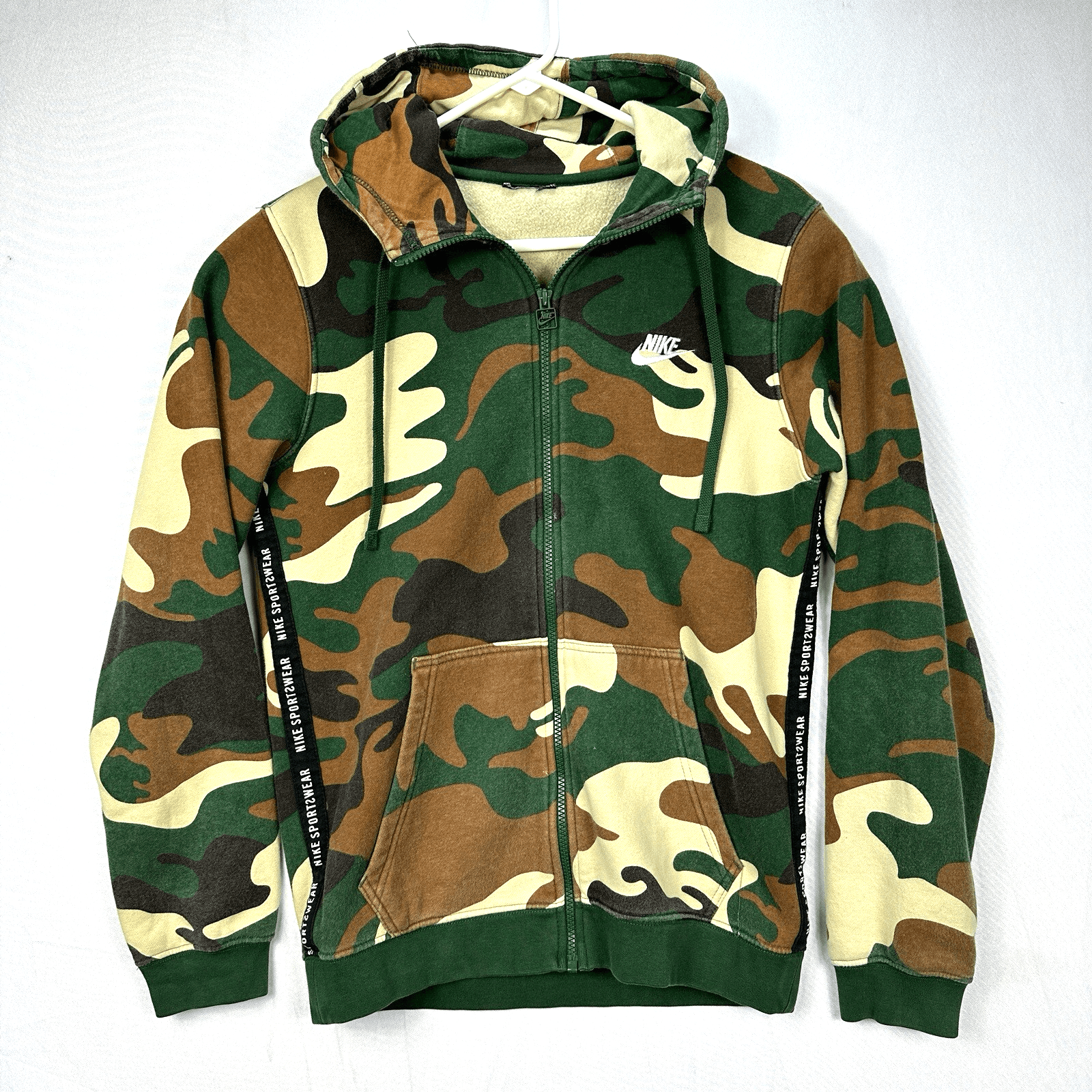 NIKE Sportswear Camo Hoodie Mens Small Green Brown Full Zip AV5940-341 - Image 1