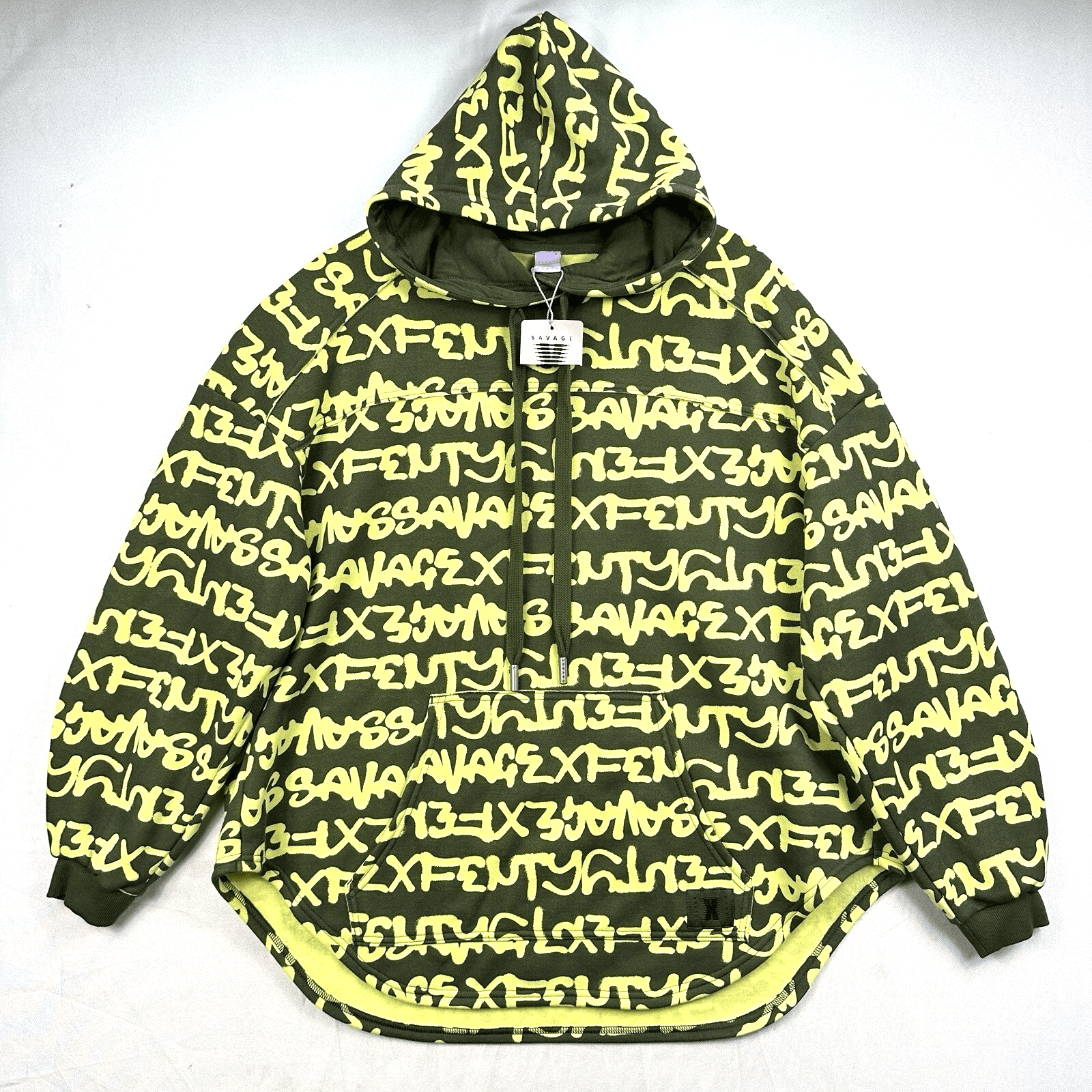 Savage X Fenty Graffiti Logo Hoodie Olive Green Neon Yellow XXS Oversized - Image 1