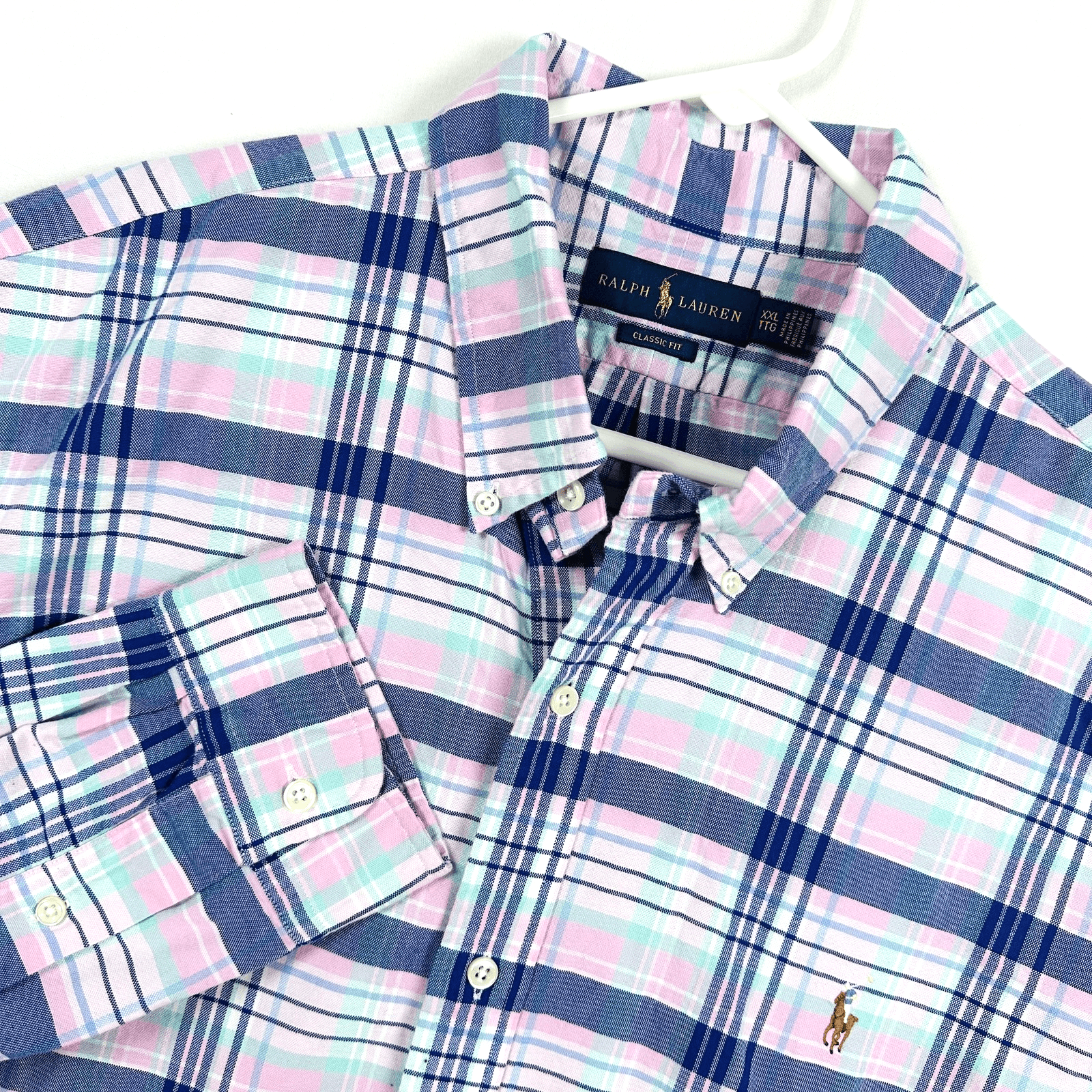 Ralph Lauren Oxford Shirt Mens 2XL Blue Plaid Button Down Long Sleeve Flesh Pony - Image 1