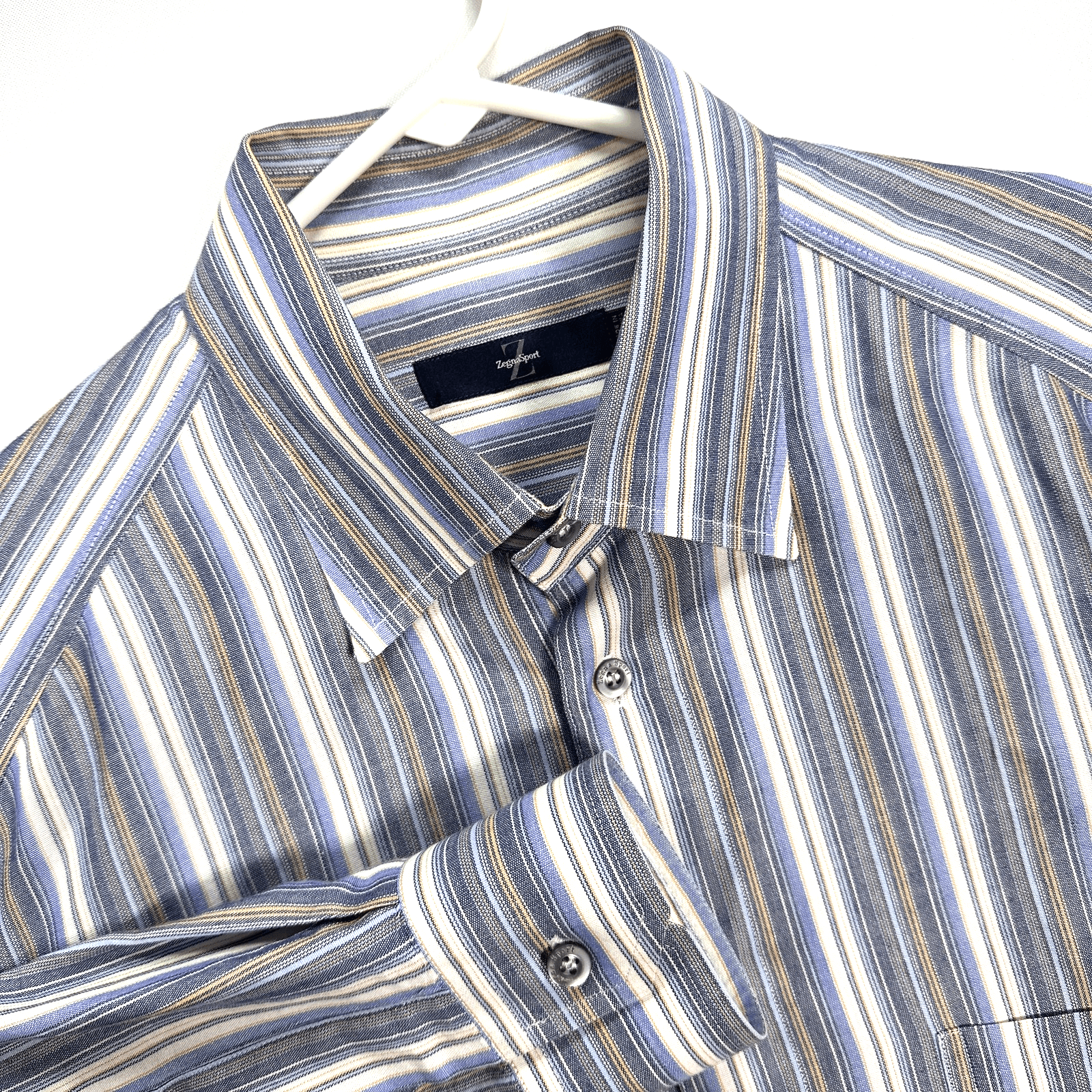 Zegna Sport Shirt Mens Medium Blue Brown Striped Button Up Long Sleeve Cotton - Image 1