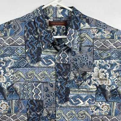 Tori Richard Hawaiian Shirt Mens 2XL Blue Floral Patchwork Cotton USA Aloha