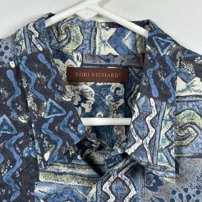 Tori Richard Hawaiian Shirt Mens 2XL Blue Floral Patchwork Cotton USA Aloha - Thumbnail 4