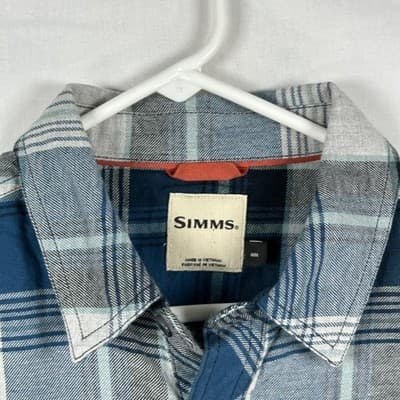 Simms Flannel Shirt Mens Medium Blue Plaid Long Sleeve Button Up Outdoor Fishing - Thumbnail 5