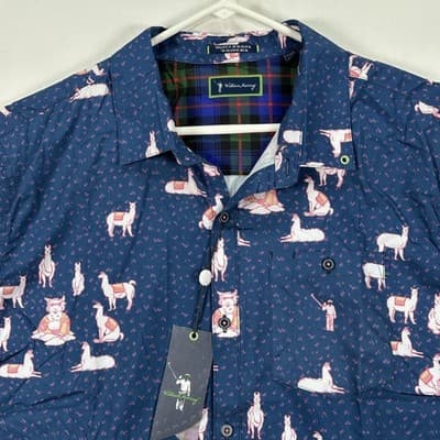 NEW William Murray Golf The Llama Shirt Mens XL Navy Blue Short Sleeve Button Up - Thumbnail 2
