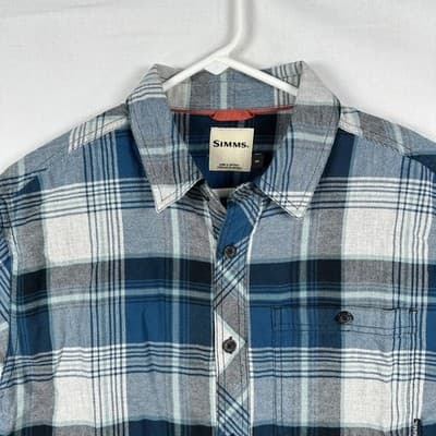 Simms Flannel Shirt Mens Medium Blue Plaid Long Sleeve Button Up Outdoor Fishing - Thumbnail 4