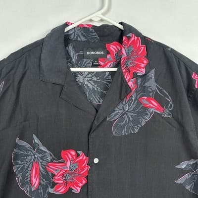 NEW Bonobos Hawaiian Tropicali Lilly Shirt Mens XL Black Pink Short Sleeve - Thumbnail 4