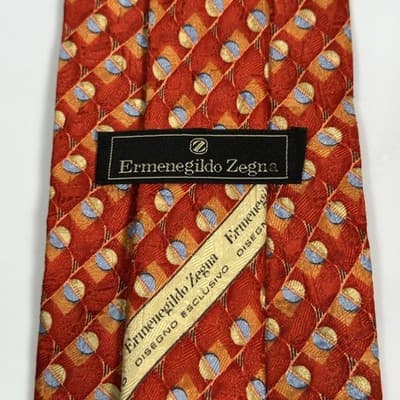 Ermenegildo Zegna 100% Silk Tie Mens Red Gold Blue Geometric 3.5" x 58.5" Italy - Thumbnail 4