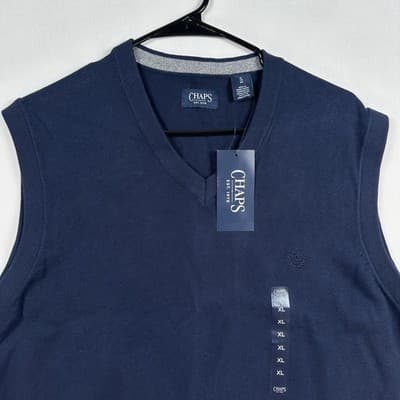 NEW Chaps Sweater Vest Mens XL Blue Newport Navy Cotton V Neck Sleeveless Knit - Thumbnail 3