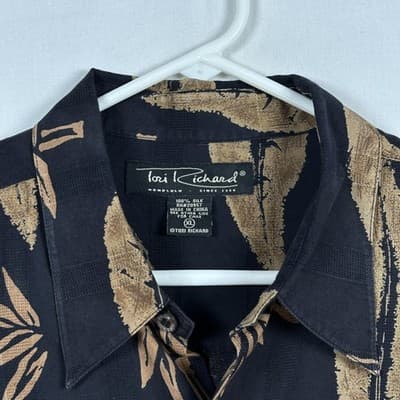 Tori Richard Silk Hawaiian Shirt Mens XL Black Leaf Aloha Camp Button Front - Thumbnail 4