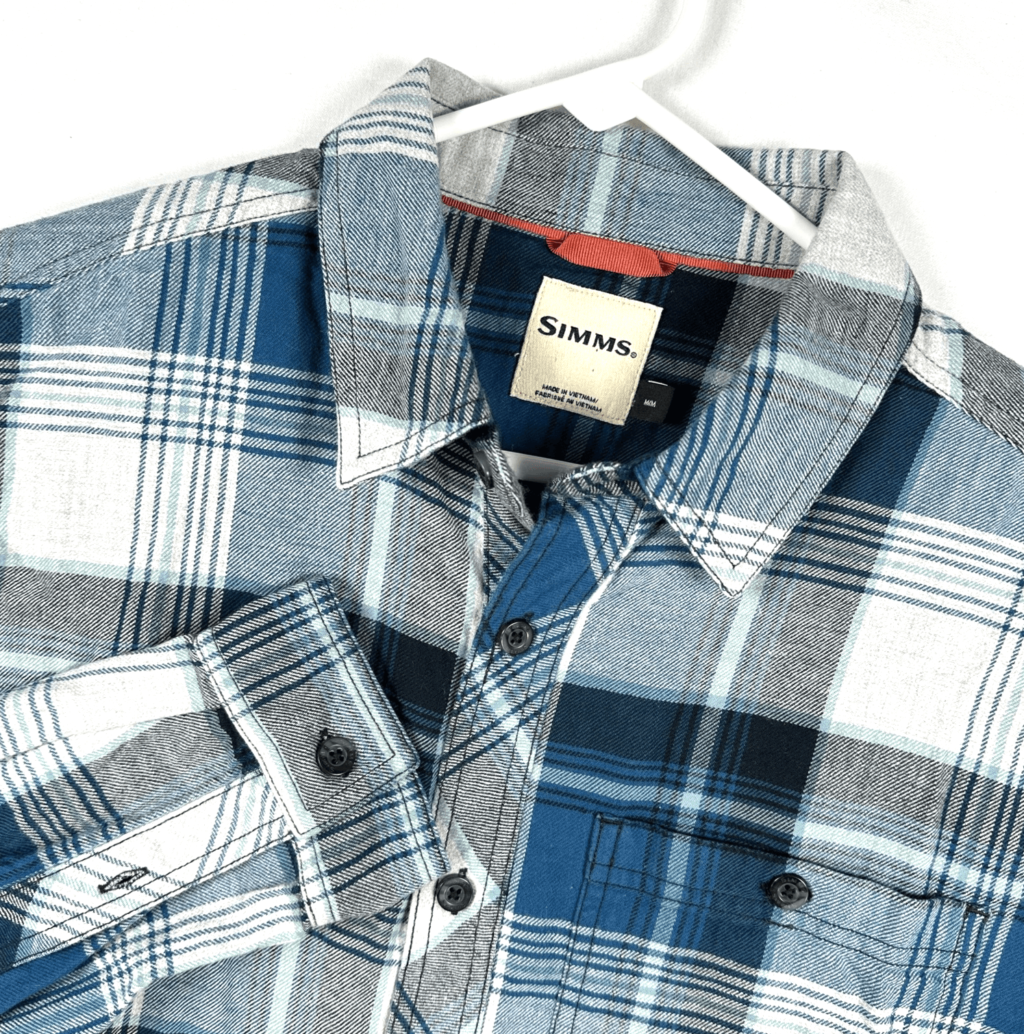 Simms Flannel Shirt Mens Medium Blue Plaid Long Sleeve Button Up Outdoor Fishing - Image 1