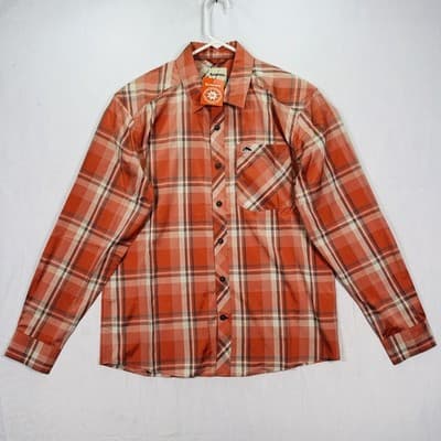 Simms Mens Medium Plaid Fishing Shirt Orange Red UPF Long Sleeve Button Down NEW - Thumbnail 2