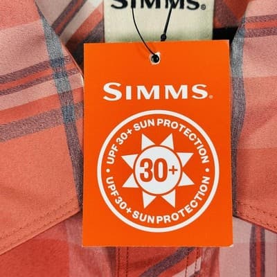 Simms Mens Medium Plaid Fishing Shirt Orange Red UPF Long Sleeve Button Down NEW - Thumbnail 5