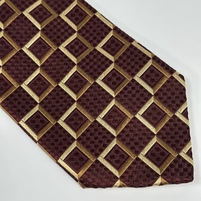 Ermenegildo Zegna Mens 100% Silk Tie Red Gold Geometric Squares Classic Necktie - Thumbnail 3