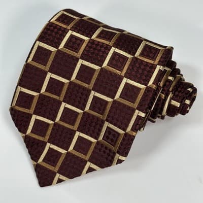 Ermenegildo Zegna Mens 100% Silk Tie Red Gold Geometric Squares Classic Necktie - Thumbnail 2