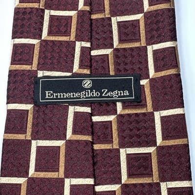 Ermenegildo Zegna Mens 100% Silk Tie Red Gold Geometric Squares Classic Necktie - Thumbnail 4