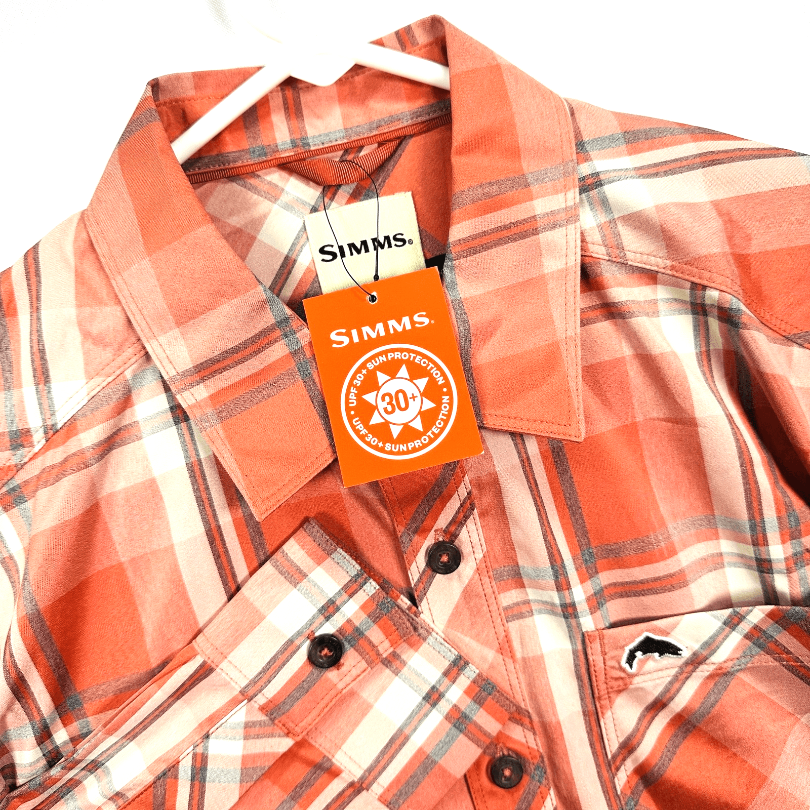 Simms Mens Medium Plaid Fishing Shirt Orange Red UPF Long Sleeve Button Down NEW - Image 1
