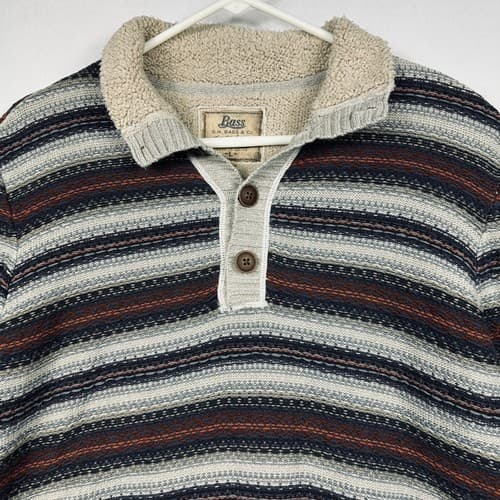 GH Bass Co. Men's Large Sherpa Lined Sweater Striped 4-Button Mock Neck - Thumbnail 5