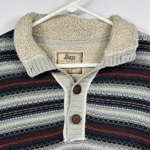 GH Bass Co. Men's Large Sherpa Lined Sweater Striped 4-Button Mock Neck - Thumbnail 6