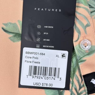 Bad Birdie Golf Polo Shirt Mens XL Peach Floral Fiesta Hawaiian Performance NEW - Thumbnail 4