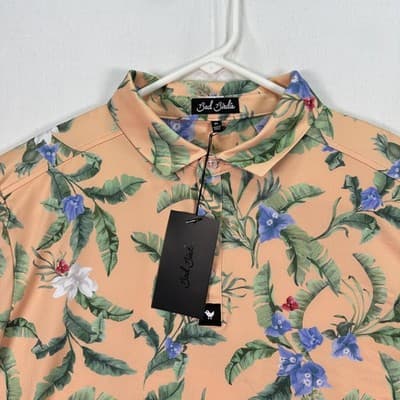 Bad Birdie Golf Polo Shirt Mens XL Peach Floral Fiesta Hawaiian Performance NEW - Thumbnail 2