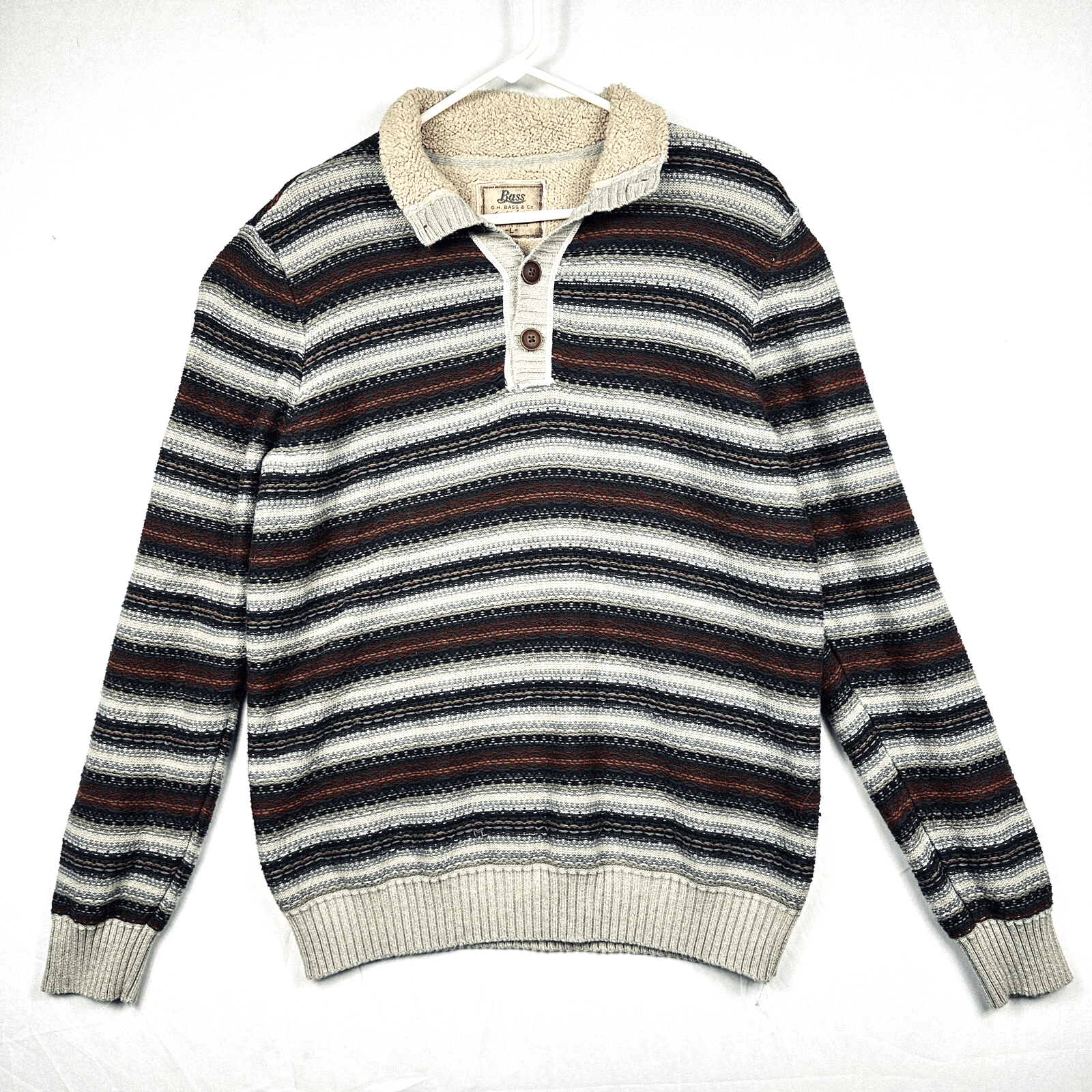 GH Bass Co. Men's Large Sherpa Lined Sweater Striped 4-Button Mock Neck - Image 1