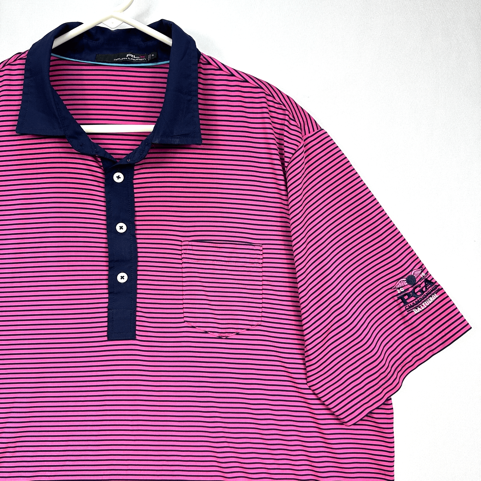 Ralph Lauren RLX Polo Golf Shirt Mens XL Pink Blue Striped Pocket PGA Baltusrol - Image 1