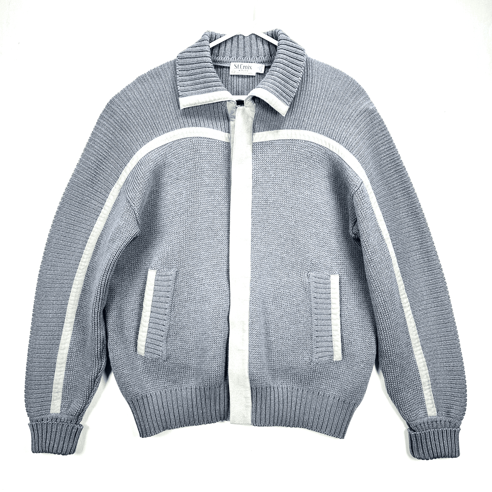 St Croix Knits Sweater Jacket Mens Large Gray 100% Zephyr Wool Full Zip Pockets - Image 1