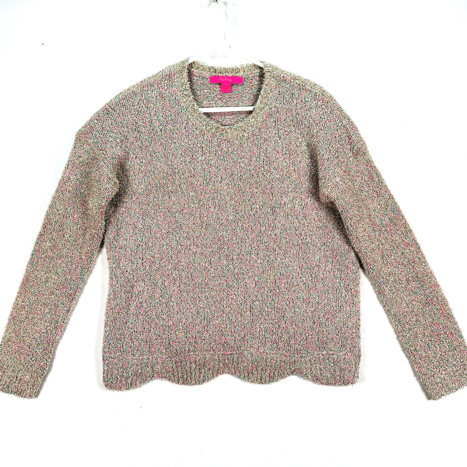 LILLY PULITZER Gliana Sweater Womens Medium Rainbow Metallic Scalloped Hem Crew - Image 1