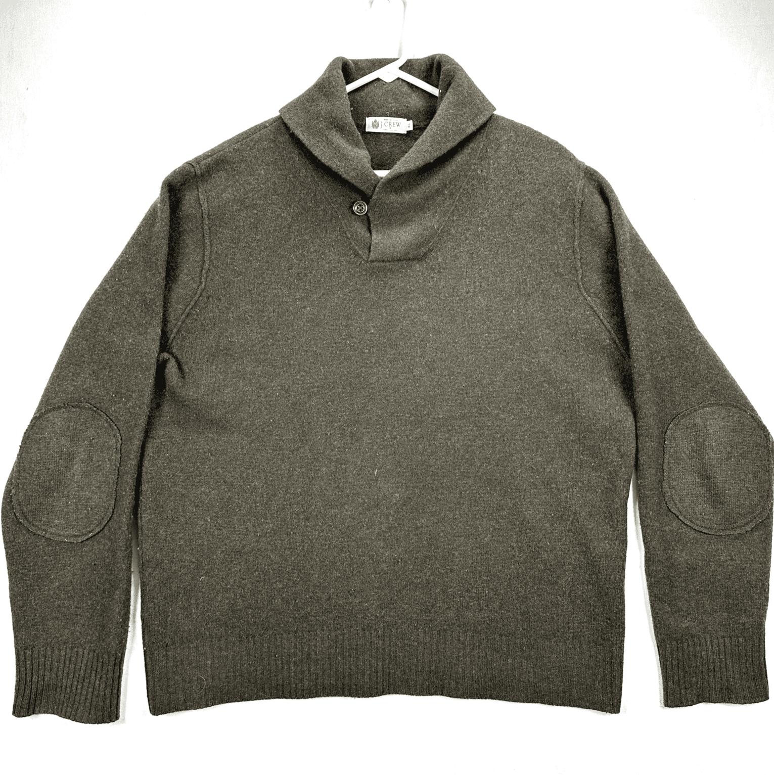 J Crew Shawl Collar Pullover Sweater Mens XL Green 100% Lambswool Elbow Patch - Image 1