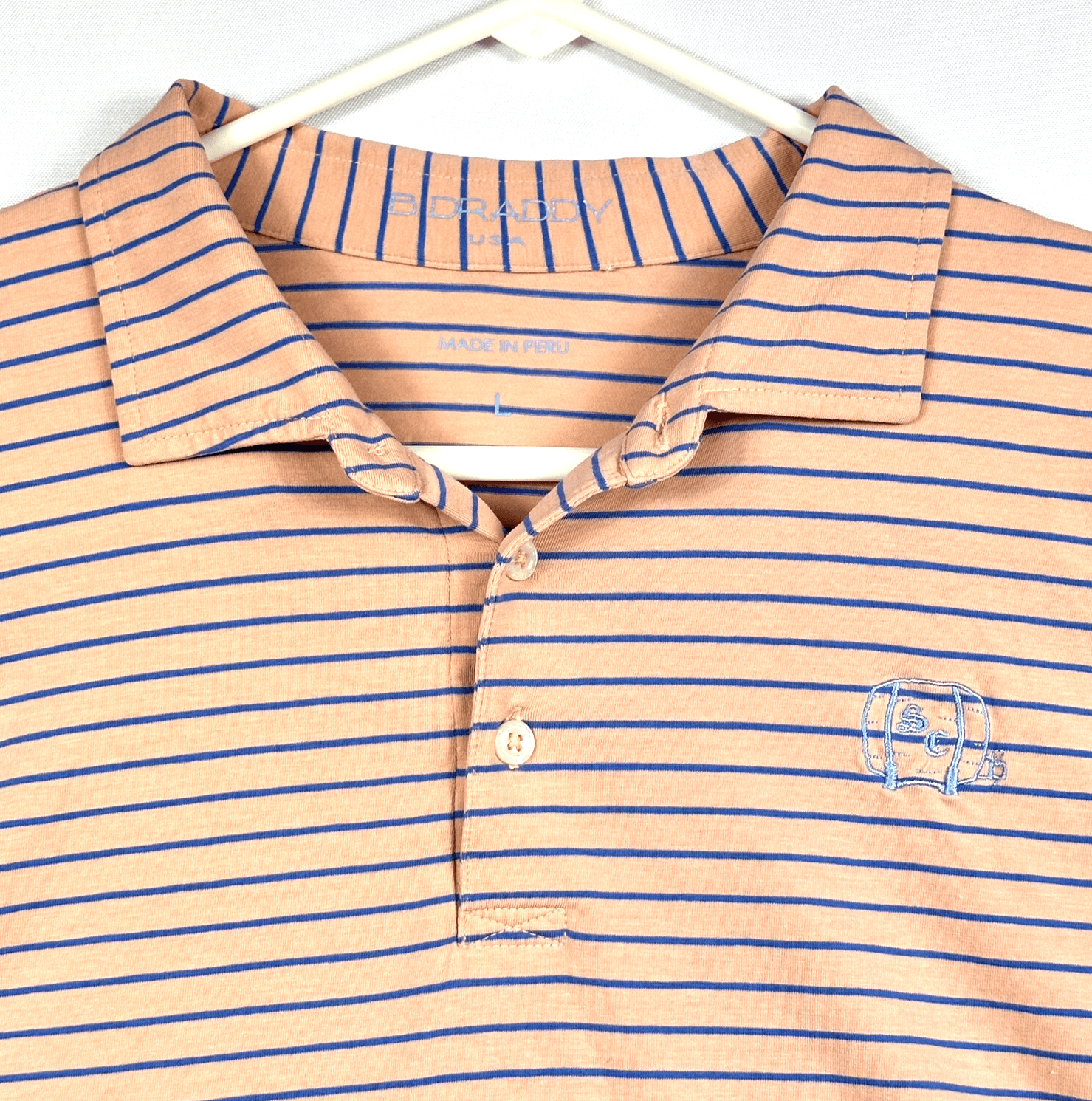 B Draddy Golf Polo Shirt Mens Large Peach Blue Striped Short Sleeve Performance - Image 1