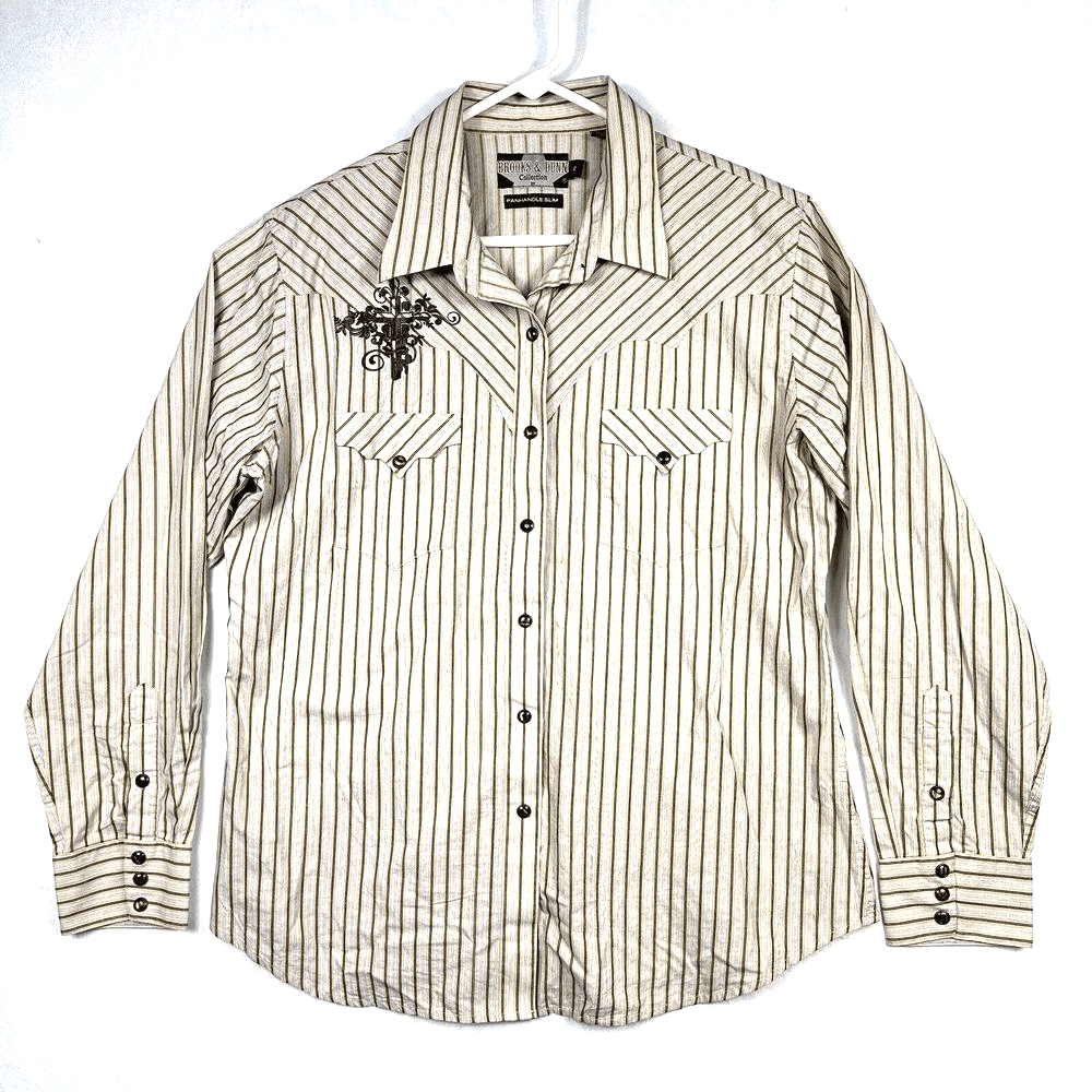 Brooks & Dunn Western Panhandle Slim Shirt Womens XL Pearl Snap Cross Striped - Image 1