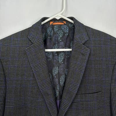 Tallia Lambswool Blazer Mens 42 R Gray Blue Plaid Sport Coat Jacket 2-Button - Thumbnail 2