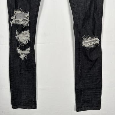 Rhude Skinny Distressed Jeans Mens 30 x 35 Black Denim Stretch Ripped Tapered - Thumbnail 3