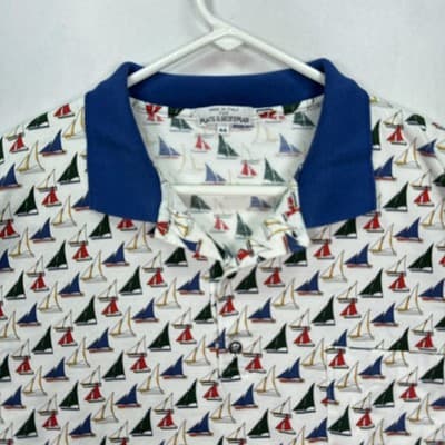 Maus & Hoffman Polo Shirt Mens 44 Large Blue White Nautical Sailboat AOP Italy - Thumbnail 2