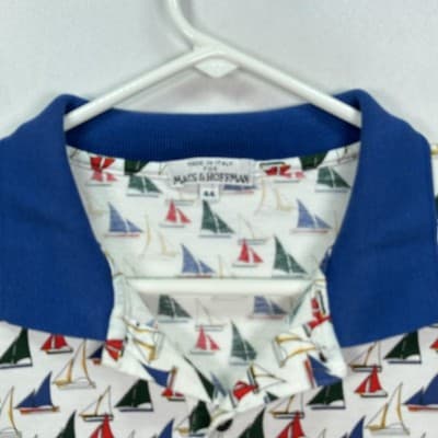 Maus & Hoffman Polo Shirt Mens 44 Large Blue White Nautical Sailboat AOP Italy - Thumbnail 4