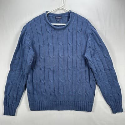 Lands End Roll Neck Sweater Mens Large Blue Cable Knit Cotton Pullover Vintage - Image 1