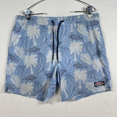 Vineyard Vines Swim Shorts Mens Medium Blue Palm Fish Trunks Lined Drawstring - Image 1