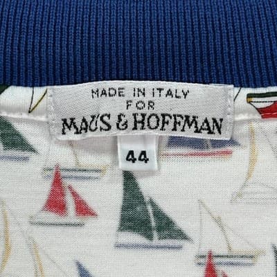 Maus & Hoffman Polo Shirt Mens 44 Large Blue White Nautical Sailboat AOP Italy - Thumbnail 5