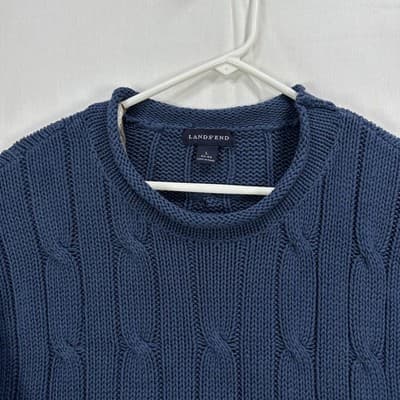 Lands End Roll Neck Sweater Mens Large Blue Cable Knit Cotton Pullover Vintage - Thumbnail 2